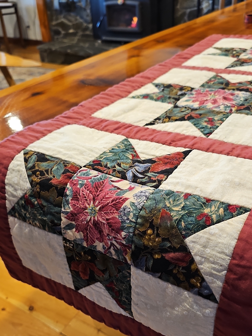 Handcrafted Star Patchwork Table Runner in Burgundy and Cream